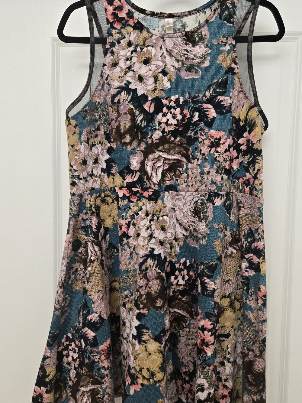Floral Sleeveless Fit-and-Flare Dress in Teal & Pink